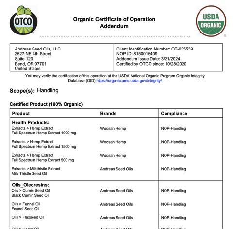 Woosah Hemp Oil is Certified Organic