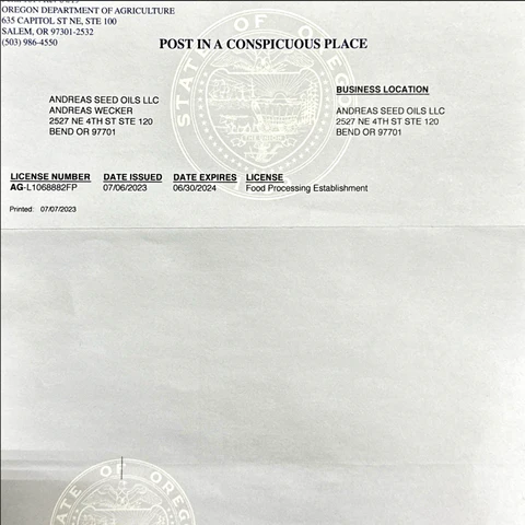 Woosah Hemp Oil Kitchen Processing Certification